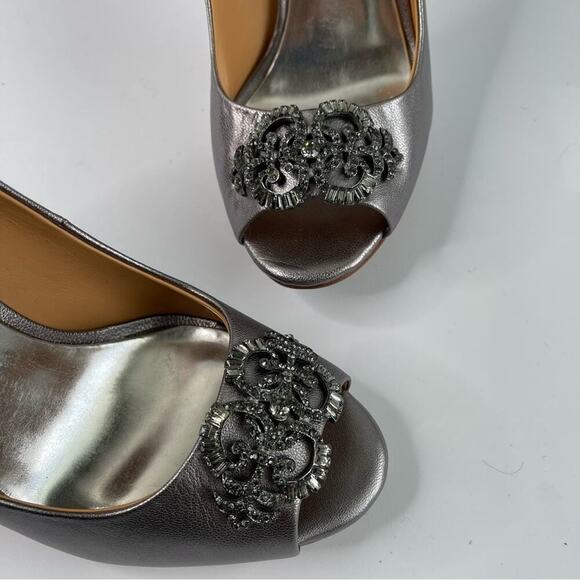 Badgley Mischka embellished gray silver satin heel SUSAN open toe shoes pump 8.5 - Picture 5 of 5